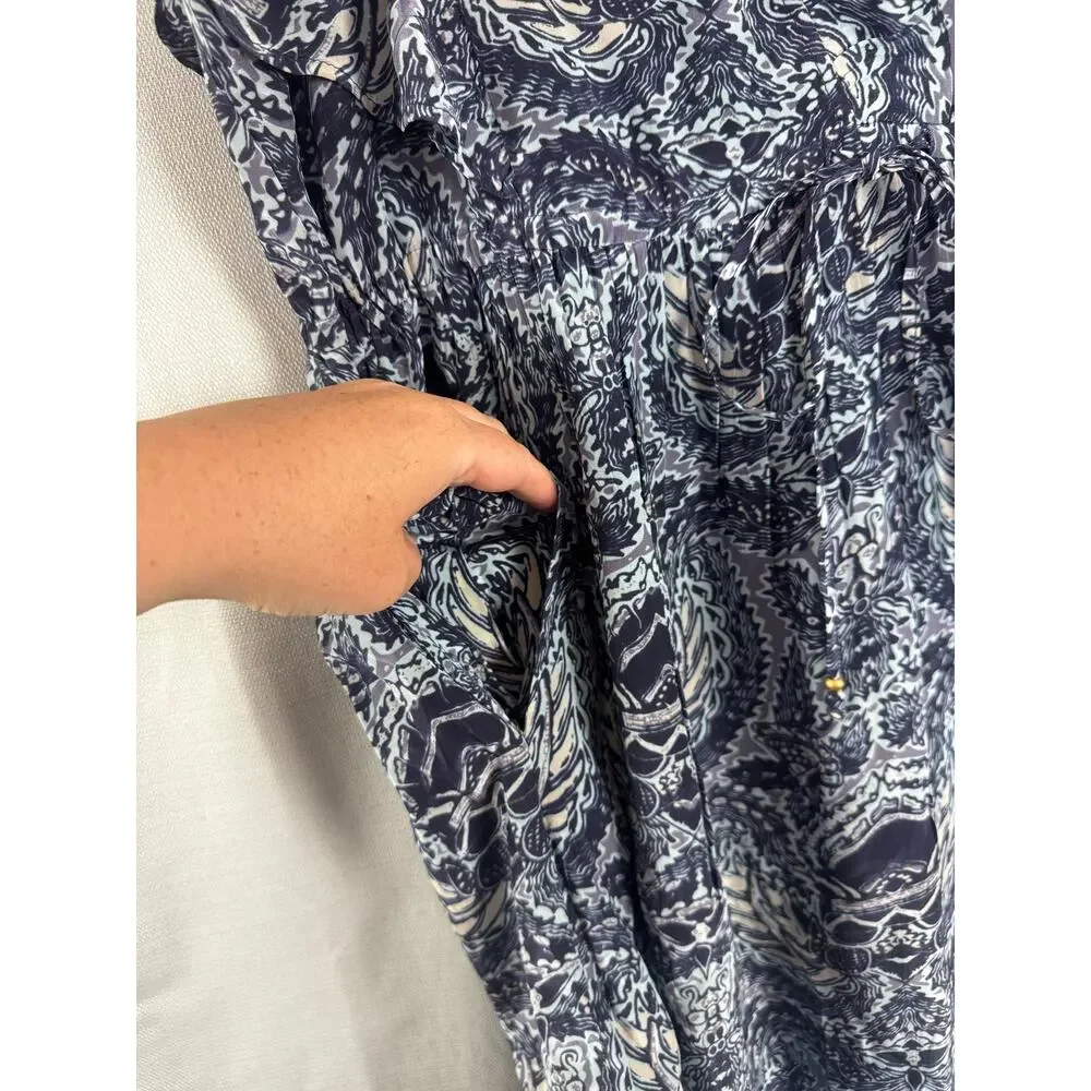 Sundance Blue White Print Dress Boho Flutter Sleeve Pockets L - Picture 4 of 7